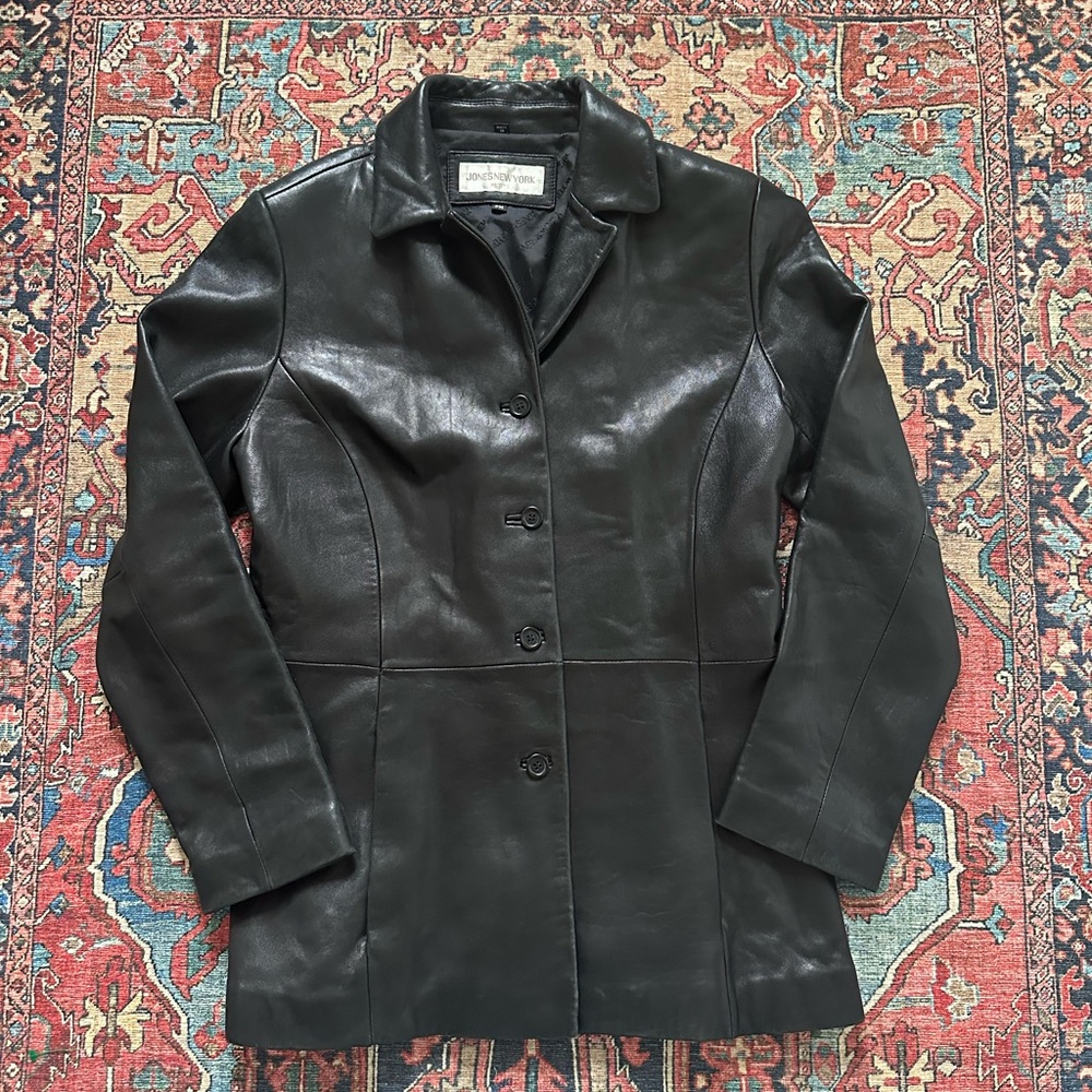 Vintage 90s Jones New York Black Leather Button-Front Jacket Womens M